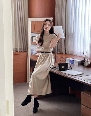 Shua Back Button Repeat Flare Knit One Piece (Belt set)